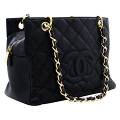 CHANEL Caviar Chain Shoulder Shopping Tote Bag Black Quilted
