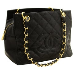 CHANEL Caviar Chain Shoulder Shopping Tote Bag Black Quilted