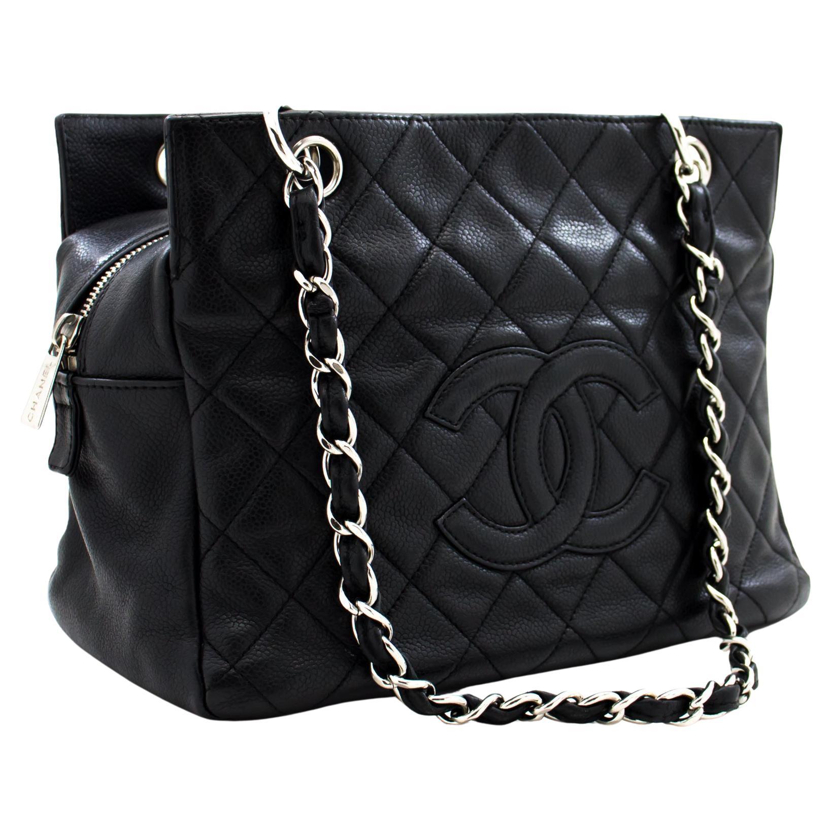 CHANEL Caviar Chain Shoulder Shopping Tote Bag Black Quilted
