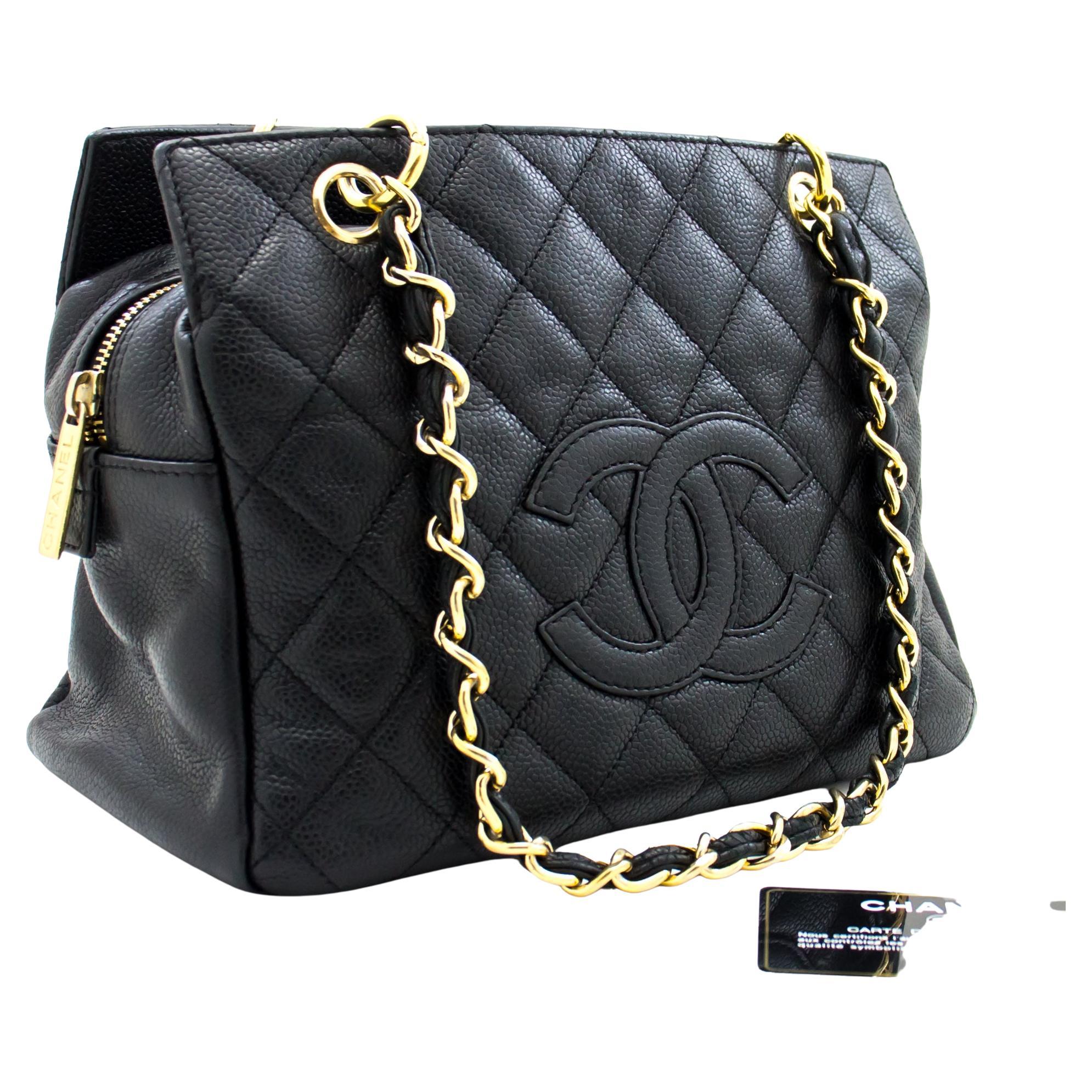 CHANEL Caviar Chain Shoulder Shopping Tote Bag Black Quilted For Sale