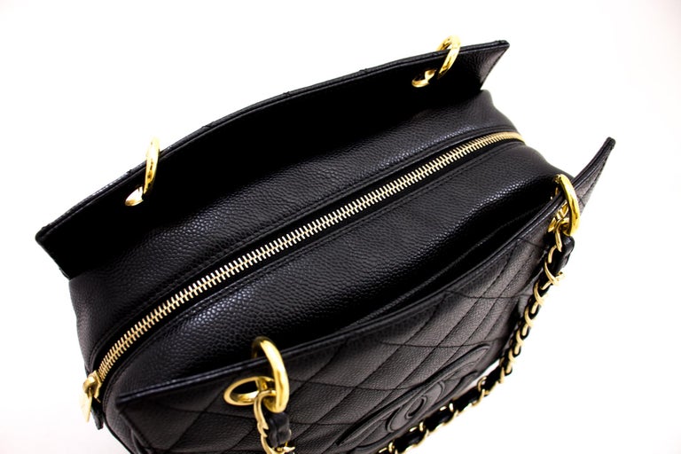 CHANEL Caviar Chain Shoulder Shopping Tote Bag Black Quilted Purse For