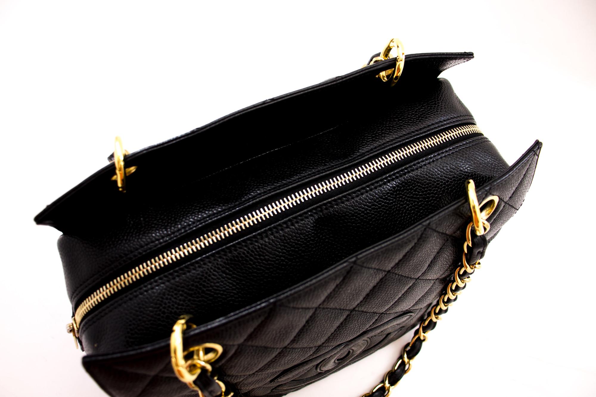 CHANEL Caviar Chain Shoulder Shopping Tote Bag Black Quilted Purse at