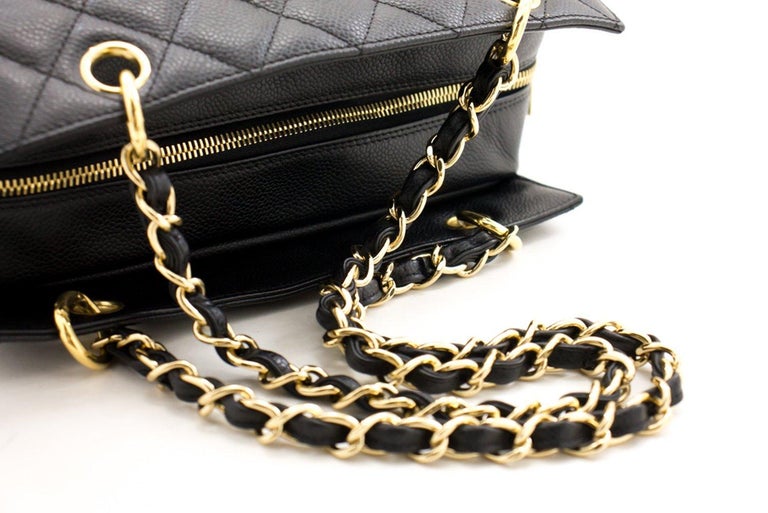 CHANEL Caviar Chain Shoulder Shopping Tote Bag Black Quilted Purse For