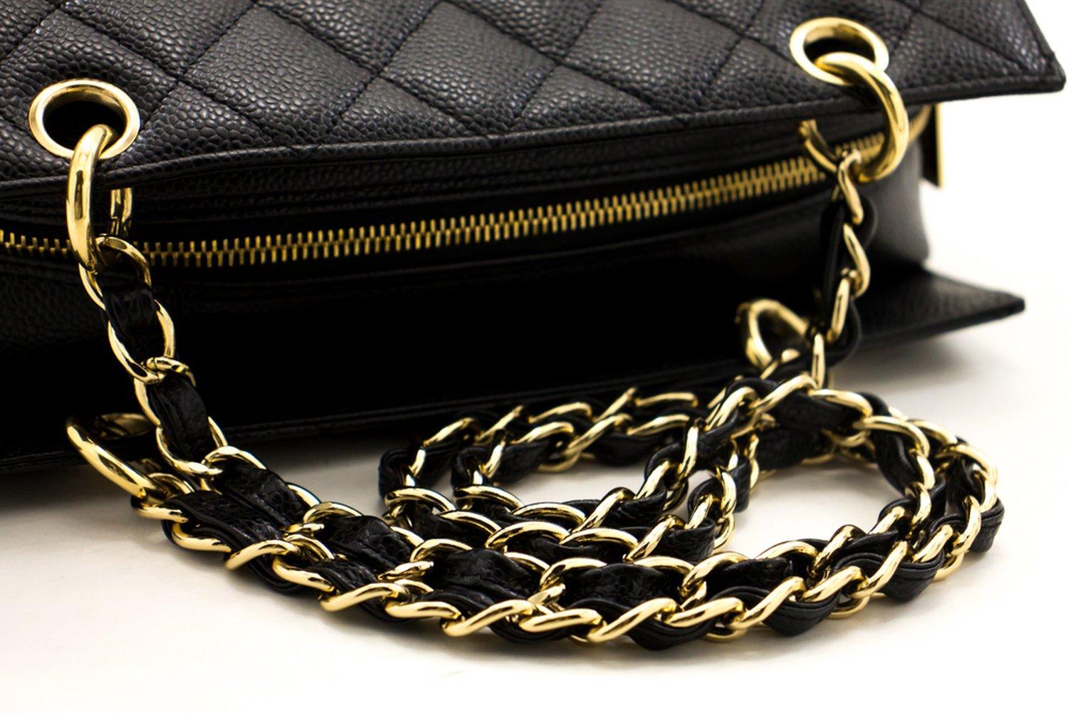 CHANEL Caviar Chain Shoulder Shopping Tote Bag Black Quilted Purse 8