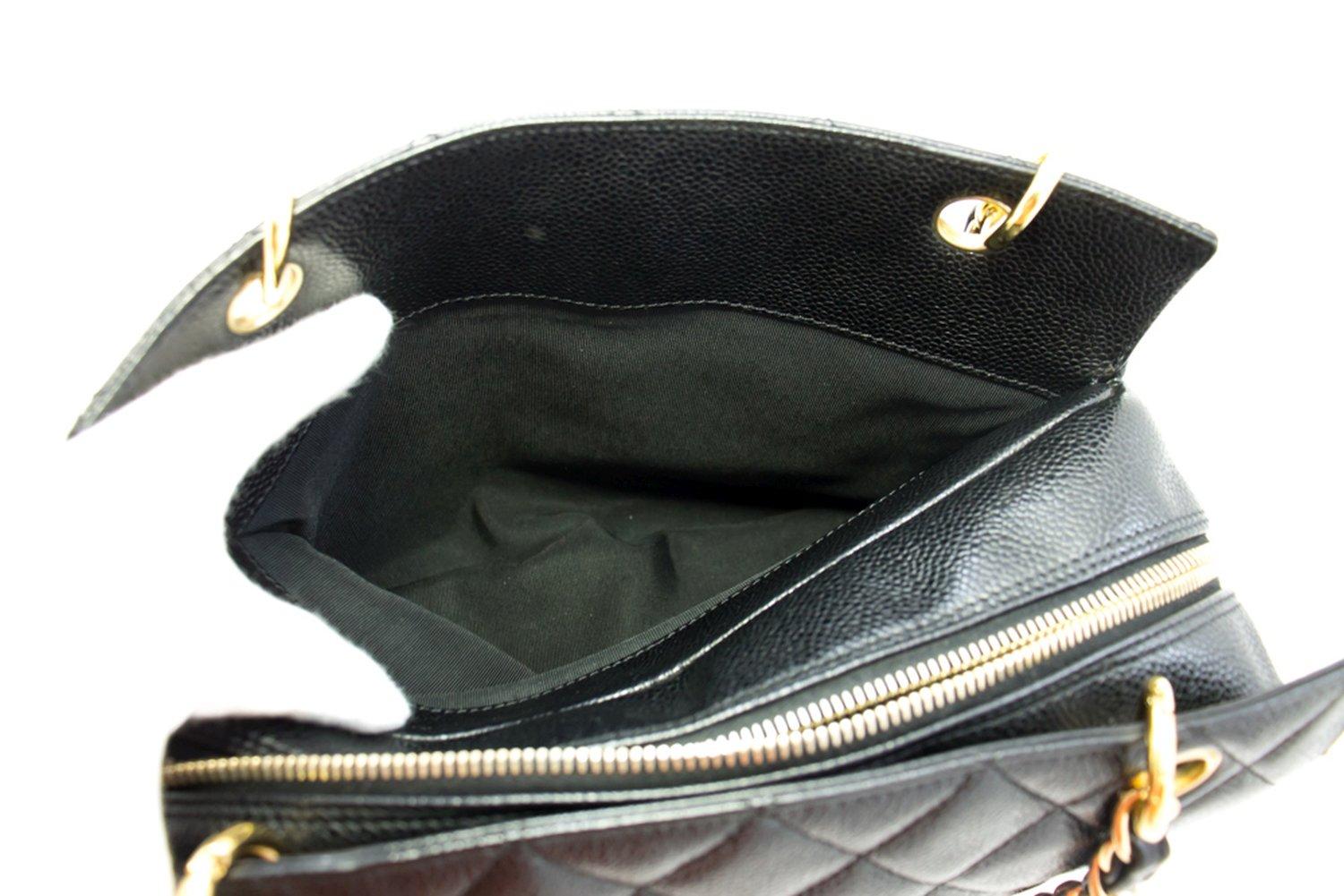 CHANEL Caviar Chain Shoulder Shopping Tote Bag Black Quilted Purse at