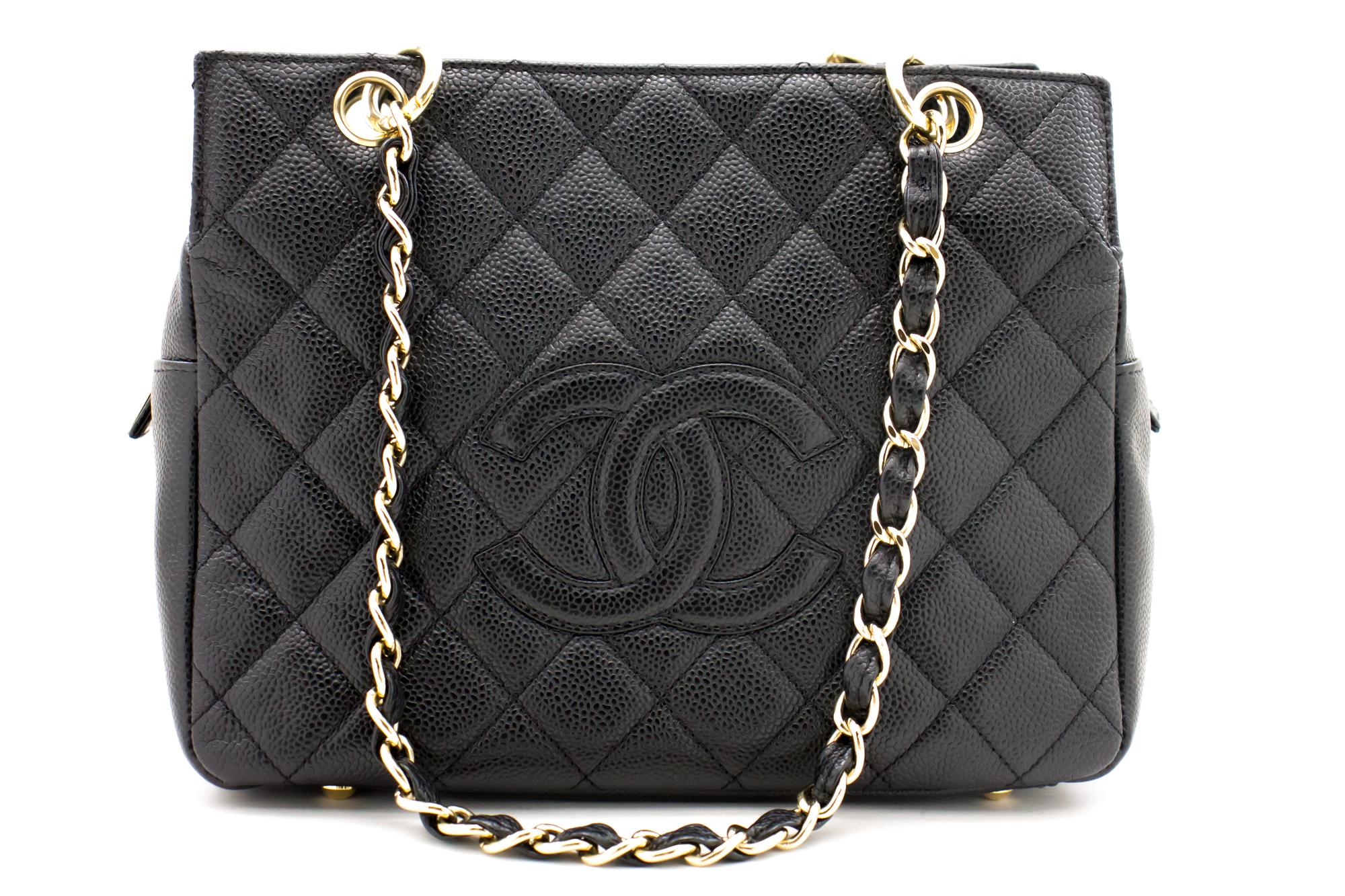 An authentic CHANEL Caviar Chain Shoulder Bag Shopping Tote Black Quilted Purse. The color is Black. The outside material is Leather. The pattern is Solid. This item is Contemporary. The year of manufacture would be 2 0 0 2 .
Conditions &