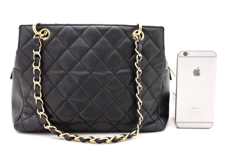 CHANEL Caviar Chain Shoulder Shopping Tote Bag Black Quilted Purse For
