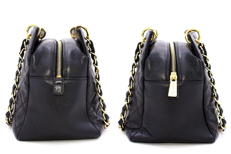 CHANEL Caviar Chain Shoulder Shopping Tote Bag Black Quilted Purse For