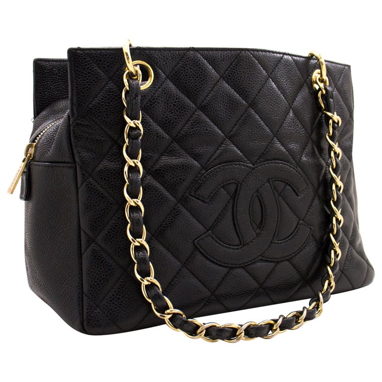 CHANEL Caviar Chain Shoulder Shopping Tote Bag Black Quilted Purse at  1stDibs