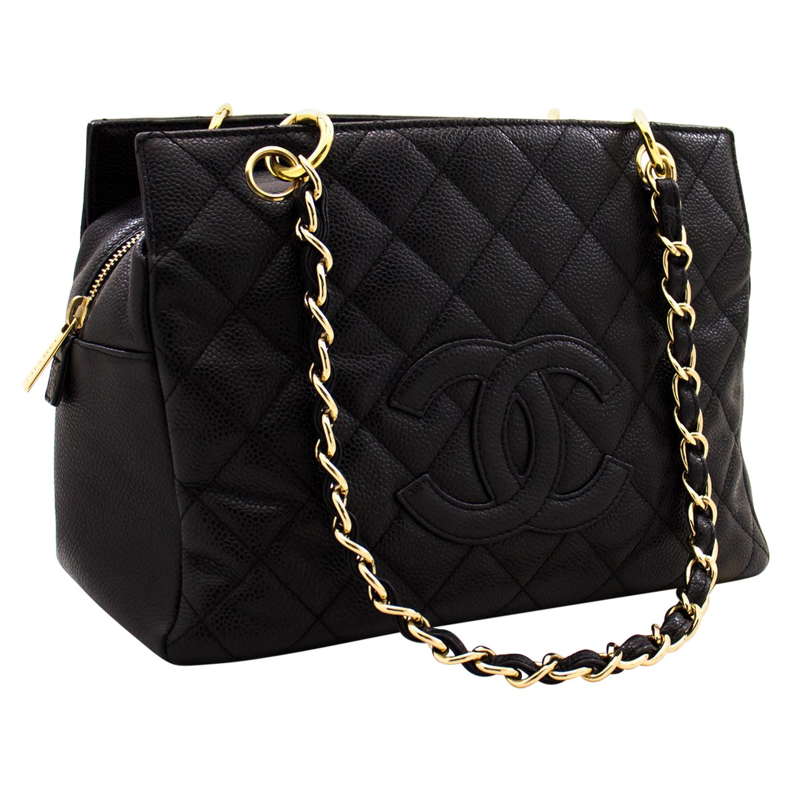 CHANEL Caviar Chain Shoulder Shopping Tote Bag Black Quilted Purse For ...
