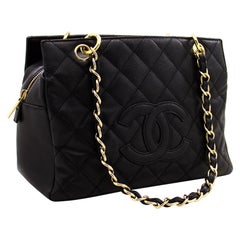 CHANEL Caviar Chain Shoulder Shopping Tote Bag Black Quilted Purse