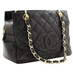 CHANEL Caviar Chain Shoulder Shopping Tote Bag Black Quilted Purse