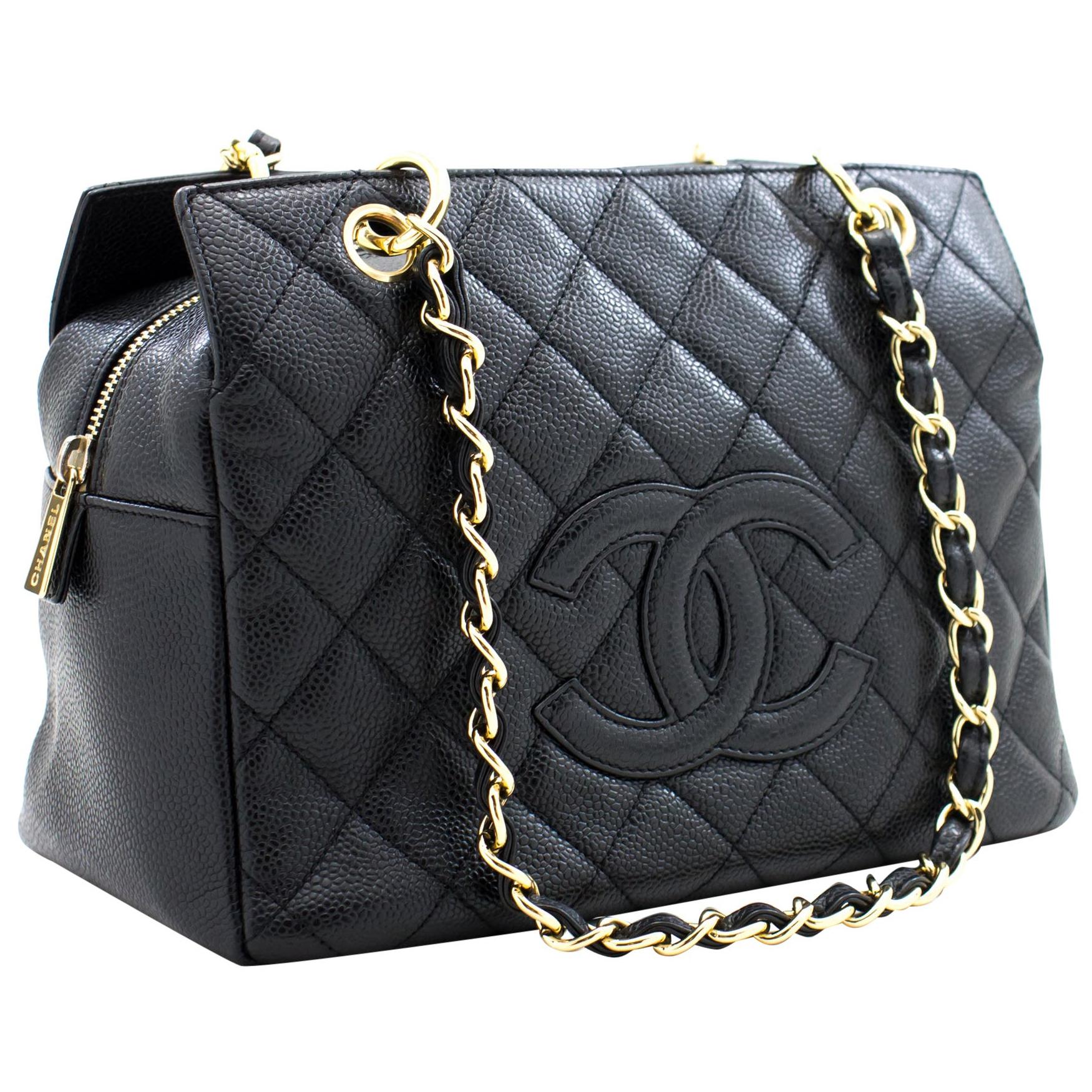 CHANEL Caviar Chain Shoulder Shopping Tote Bag Black Quilted Purse at ...