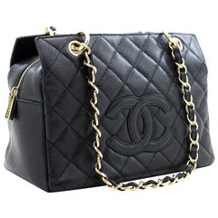 CHANEL Caviar Chain Shoulder Shopping Tote Bag Black Quilted Purse