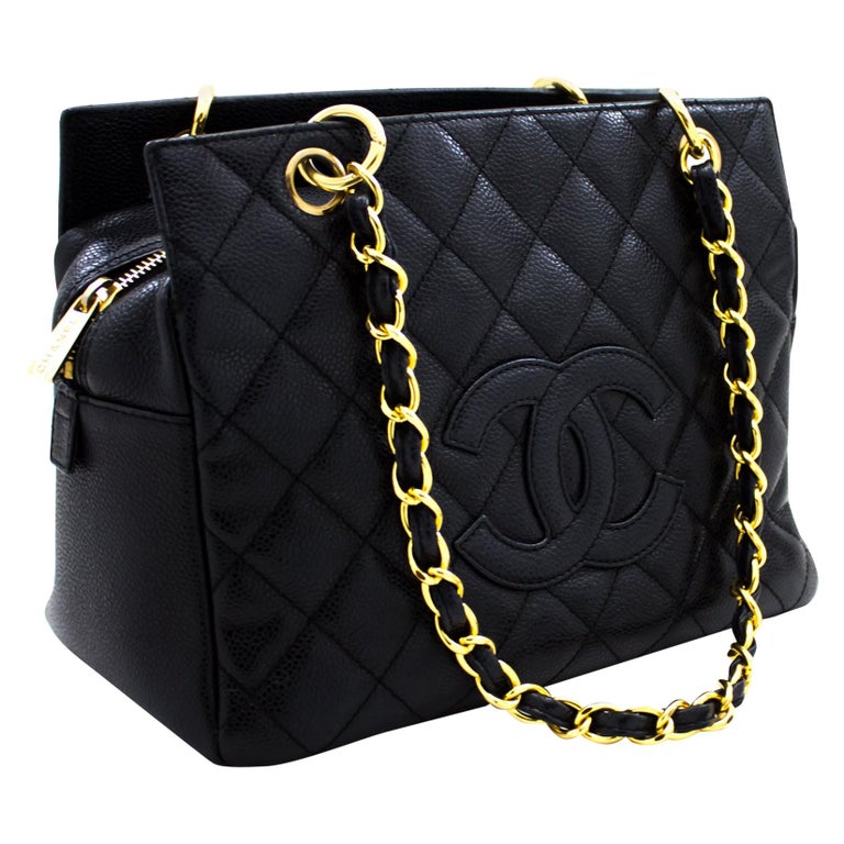 CHANEL Caviar Chain Shoulder Shopping Tote Bag Black Quilted Purse ...