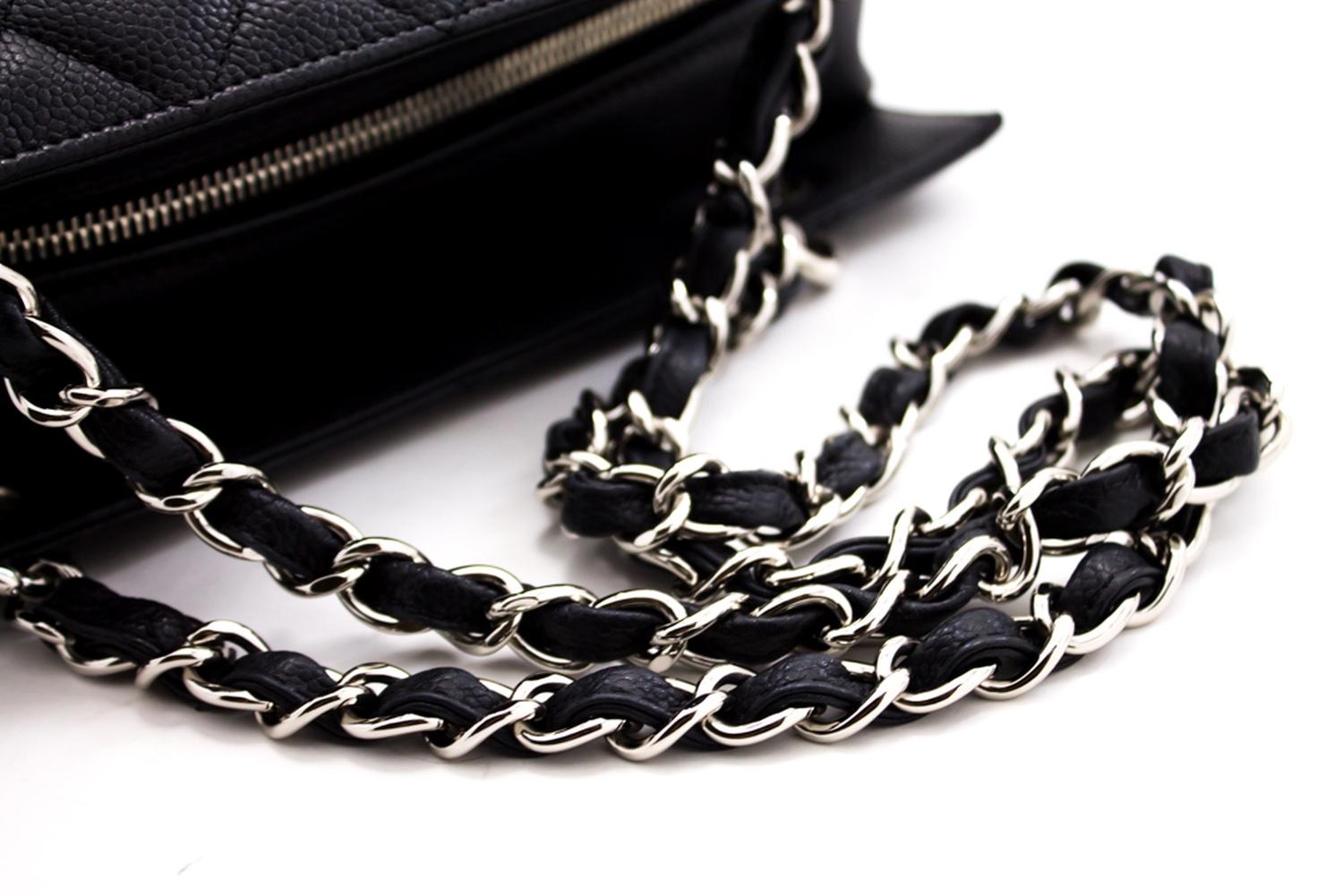 CHANEL Caviar Chain Shoulder Shopping Tote Bag Black Silver Leather 9
