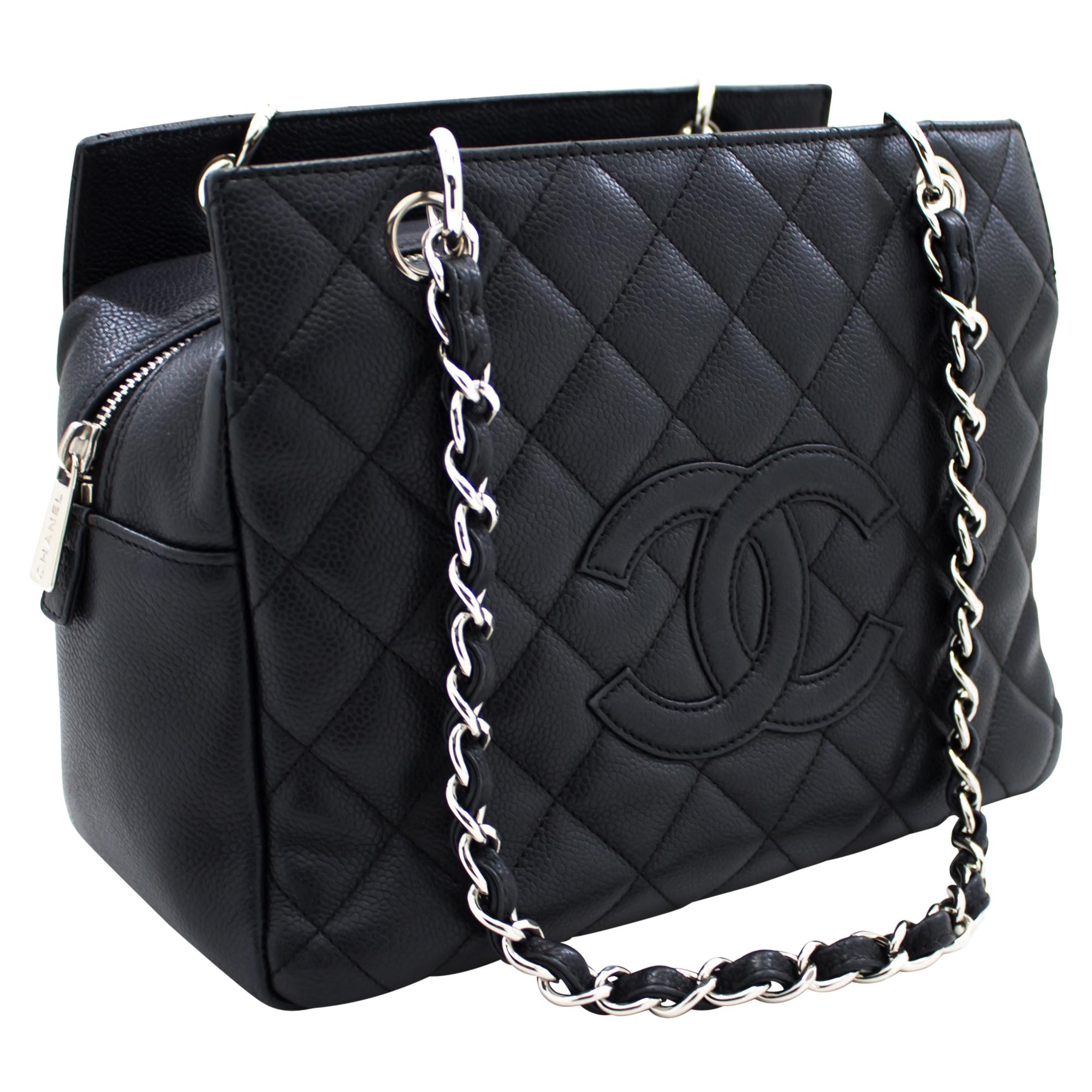 CHANEL Caviar Chain Shoulder Shopping Tote Bag Black Silver Leather