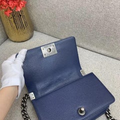 Chanel Caviar Chevron Small Boy Flap Bag Navy Blue Ruthenium HW