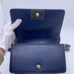 Chanel Caviar Chevron Small Boy Flap Bag Navy Blue Ruthenium HW