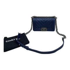 Chanel Caviar Chevron Small Boy Flap Bag Navy Blue Ruthenium HW