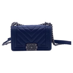 Chanel Caviar Chevron Small Boy Flap Bag Navy Blue Ruthenium HW