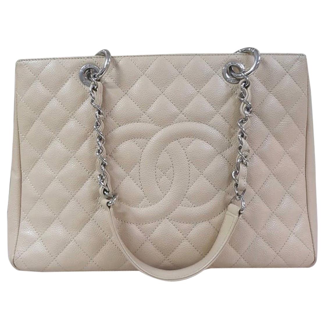 Chanel Caviar Cream Leather Grand Shopping Tote Bag For Sale at