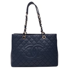 Chanel Caviar Dark Navy Blue Quilted Grand Shopping Tote