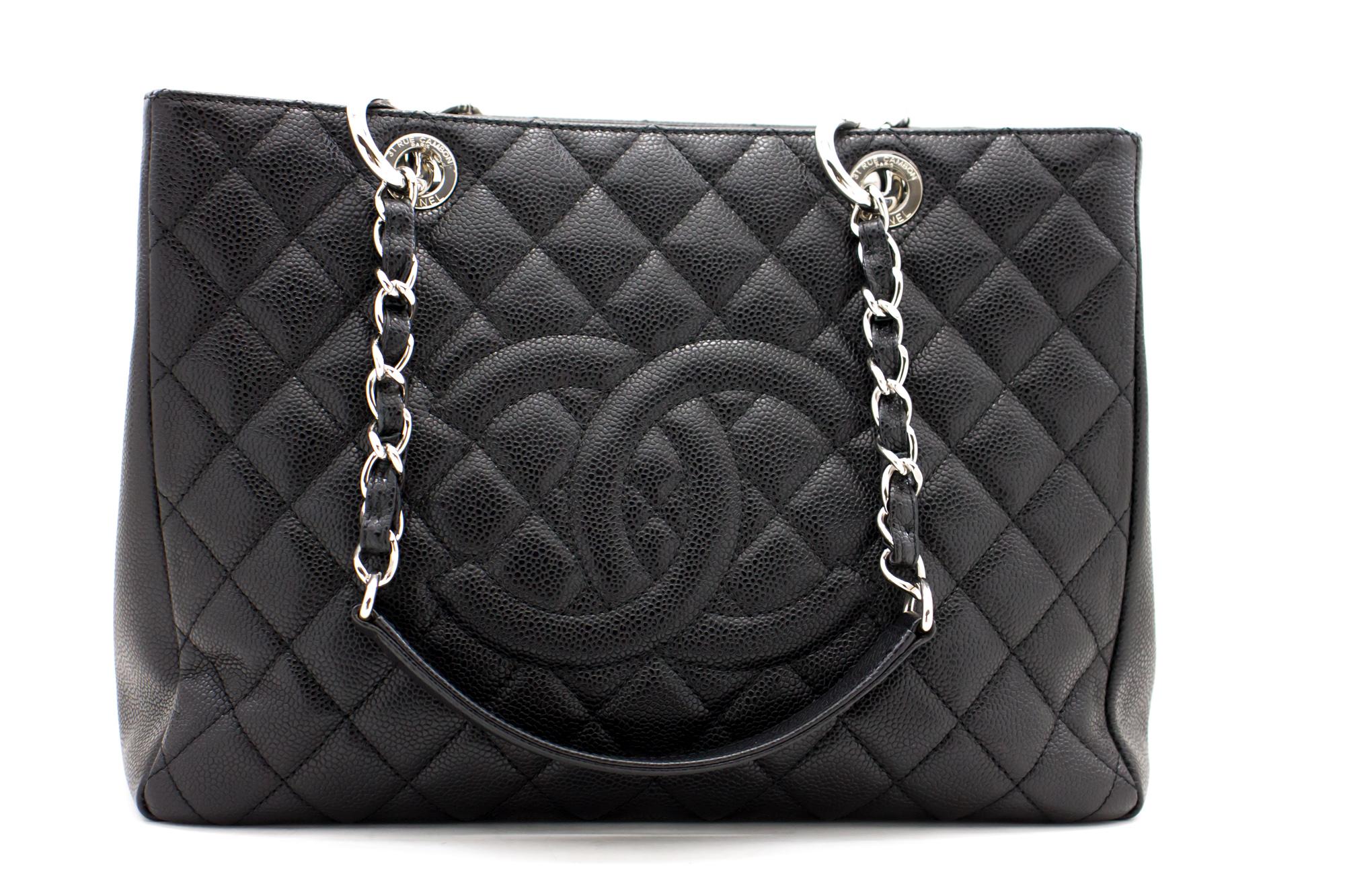 chanel black quilted caviar leather grand shopping tote