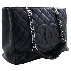 Used CHANEL Caviar GST 13" Grand Shopping Tote Chain Shoulder Bag Black