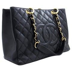 Used CHANEL Caviar GST 13" Grand Shopping Tote Chain Shoulder Bag Black