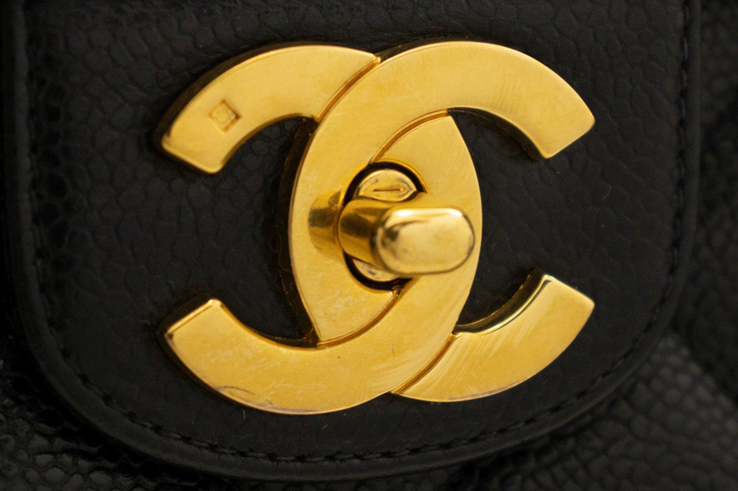 CHANEL Caviar Handbag Top Handle Bag Kelly Black Flap Leather Gold 8