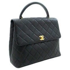Retro CHANEL Caviar Handbag Top Handle Bag Kelly Black Flap Leather Gold