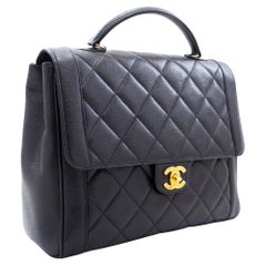 Used CHANEL Caviar Handbag Top Handle Bag Kelly Black Flap Leather Gold