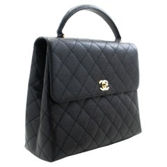 CHANEL Caviar Handbag Top Handle Bag Kelly Black Flap Leather Gold