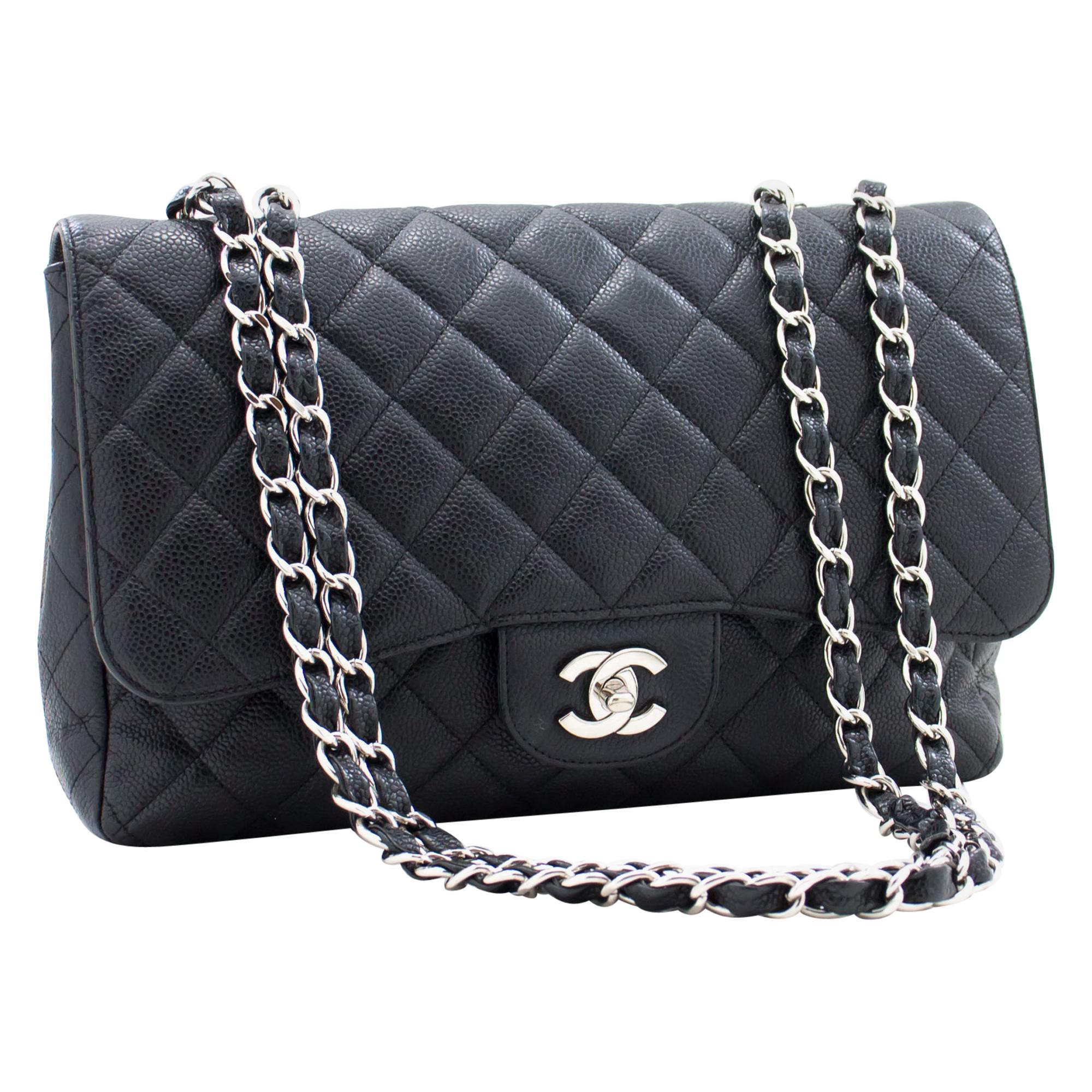 CHANEL Caviar Jumbo 11" Chain Shoulder Bag Single Flap Black