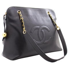 CHANEL Caviar Jumbo Large Chain Shoulder Bag Black Zip Goldper