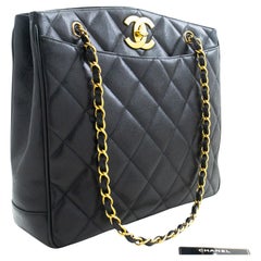 Vintage CHANEL Caviar Large Chain Shoulder Bag Black Quilted Leather