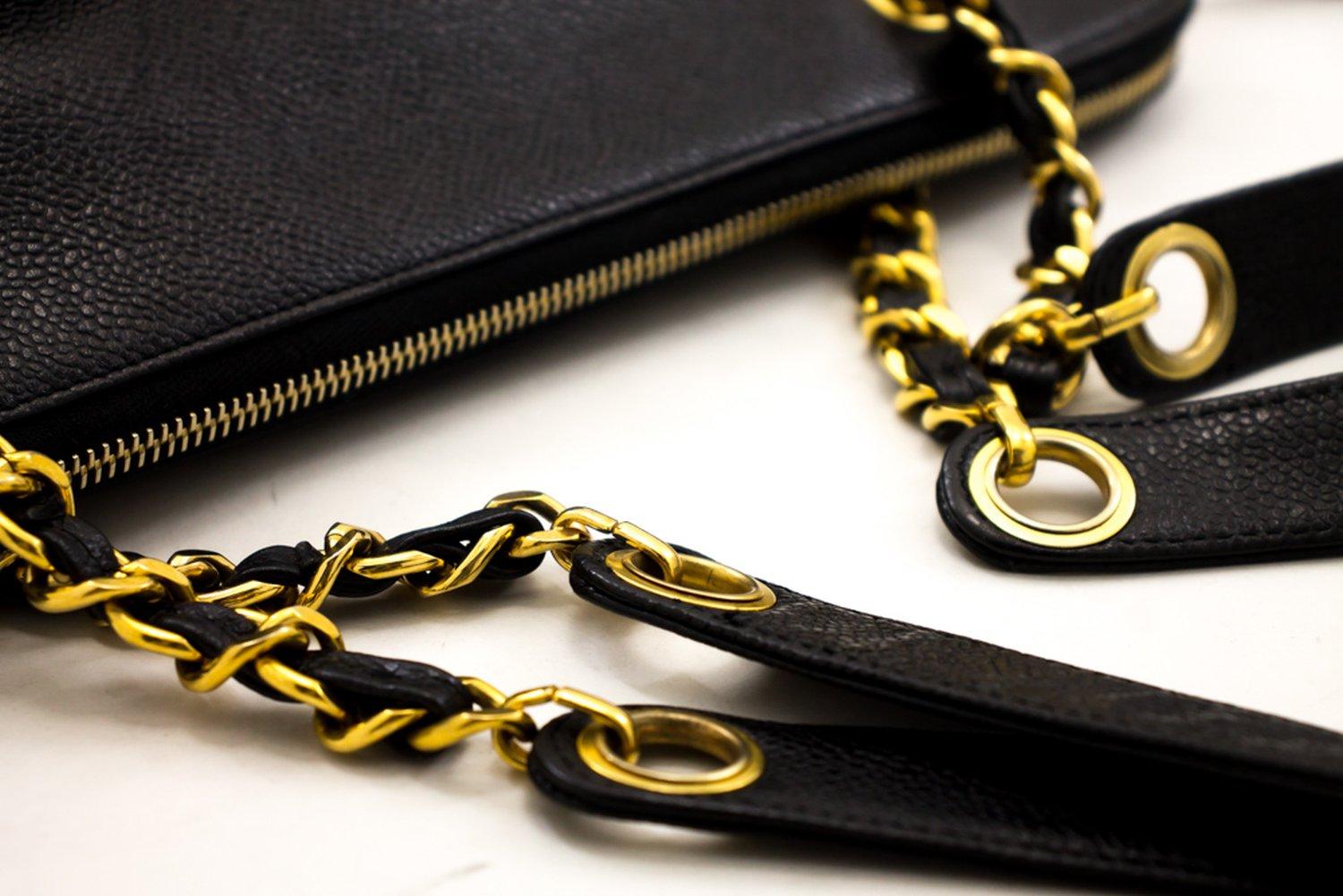 CHANEL Caviar Large Chain Shoulder Bag Leather Black Gold Hardware 9