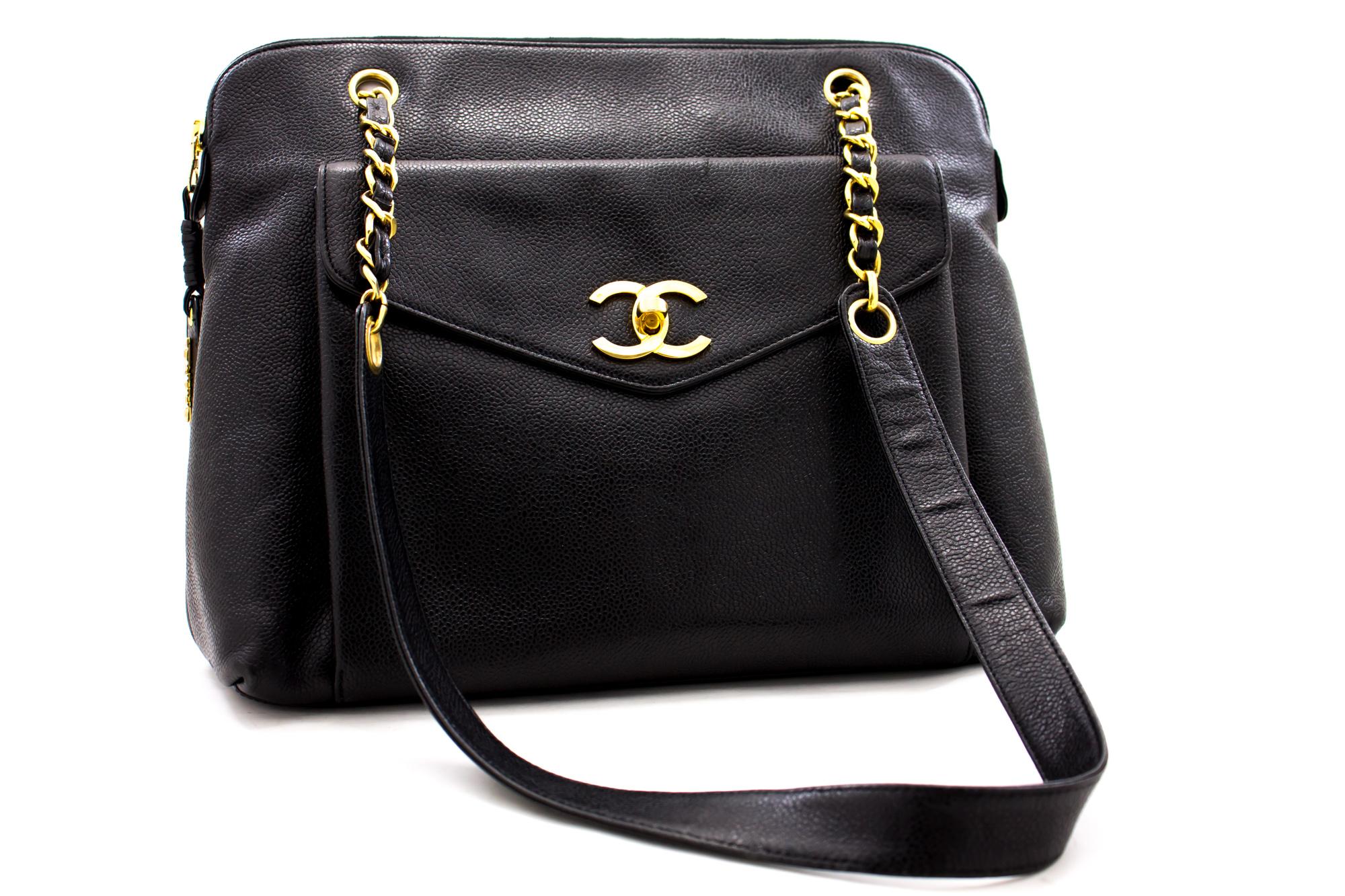 An authentic CHANEL Caviar Large Chain Shoulder Bag Black Leather Gold Hardware. The color is Black. The outside material is Leather. The pattern is Solid. This item is Vintage / Classic. The year of manufacture would be 1994-1996.
Conditions &