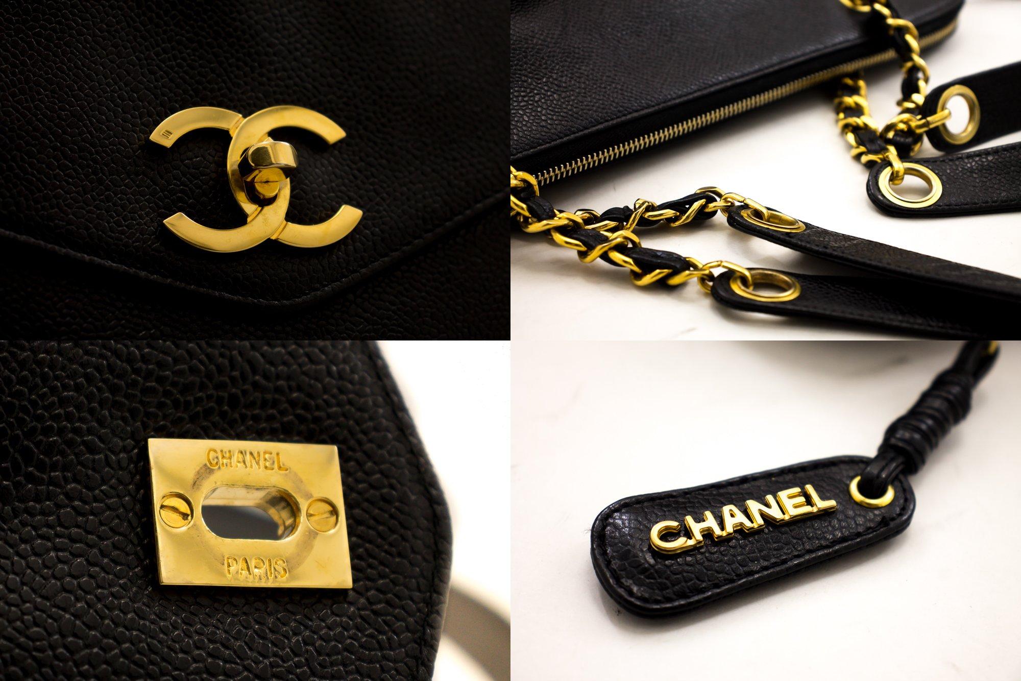 CHANEL Caviar Large Chain Shoulder Bag Leather Black Gold Hardware 3
