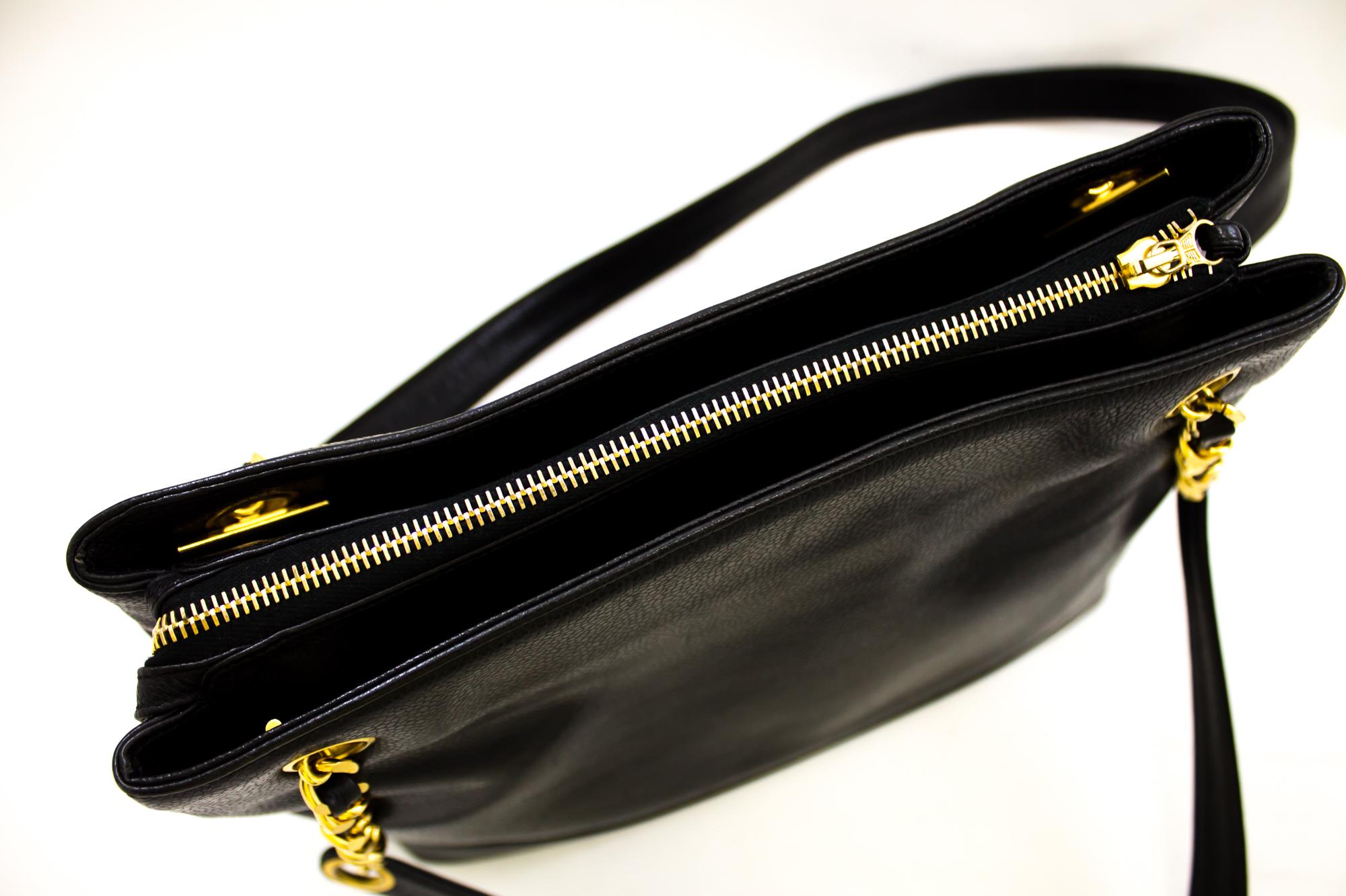 CHANEL Caviar Large Chain Shoulder Bag Leather Black Zip Goldper 6