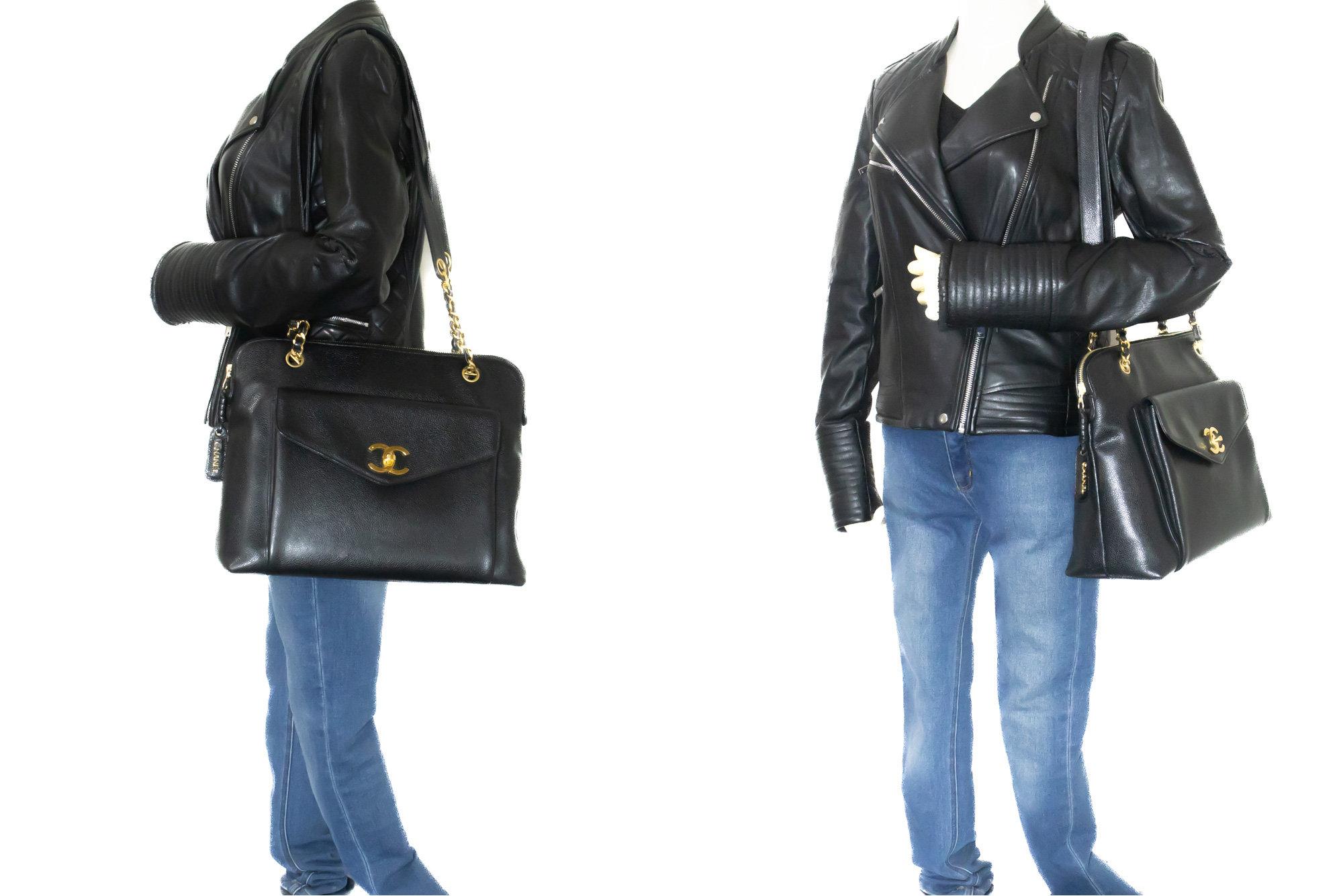 CHANEL Caviar Large Chain Shoulder Bag Leather Black Zip Goldper 7