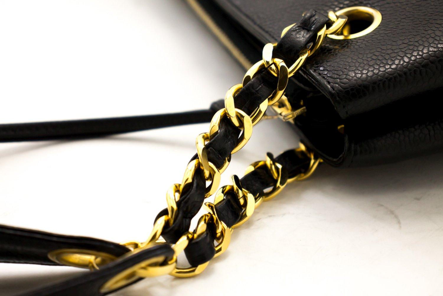 CHANEL Caviar Large Chain Shoulder Bag Leather Black Zip Goldper 8
