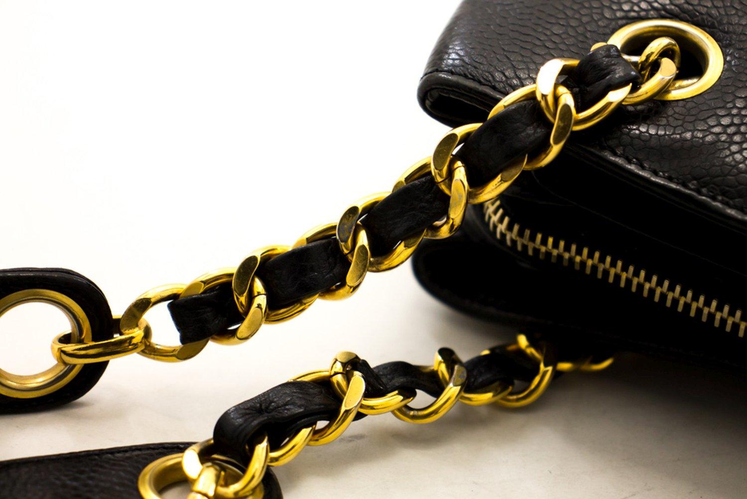 CHANEL Caviar Large Chain Shoulder Bag Leather Black Zip Goldper 6