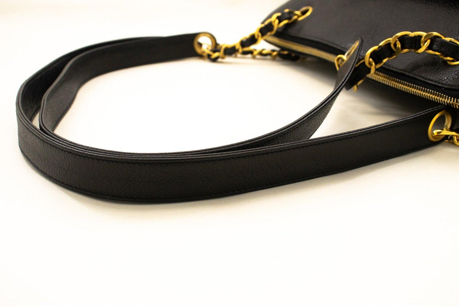 CHANEL Caviar Large Chain Shoulder Bag Leather Black Zip Goldper 11
