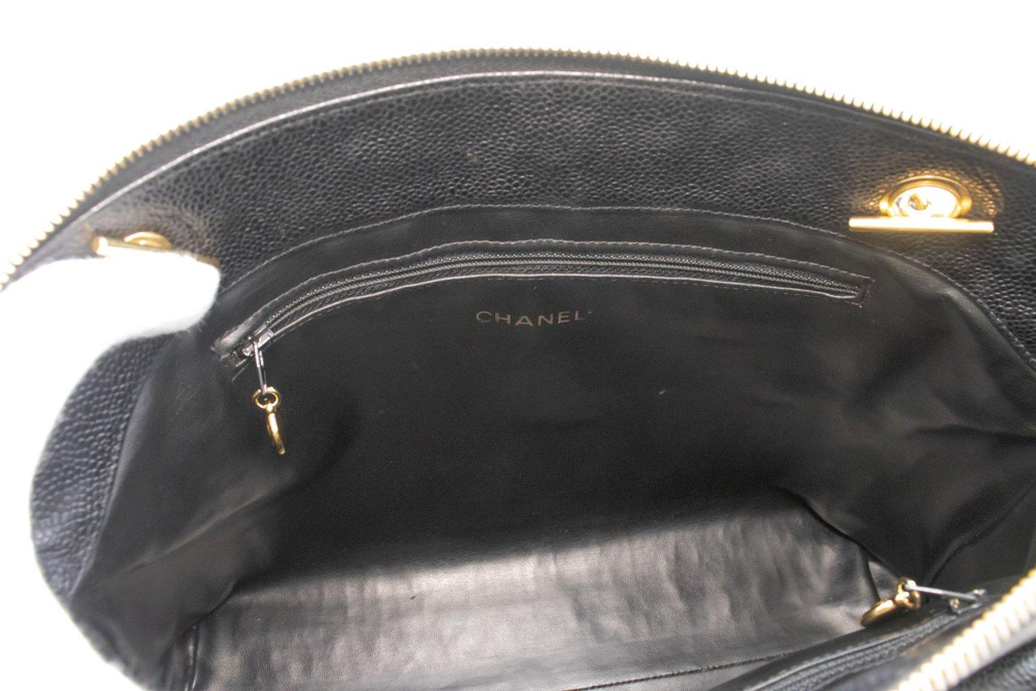 CHANEL Caviar Large Chain Shoulder Bag Leather Black Zip Goldper 12