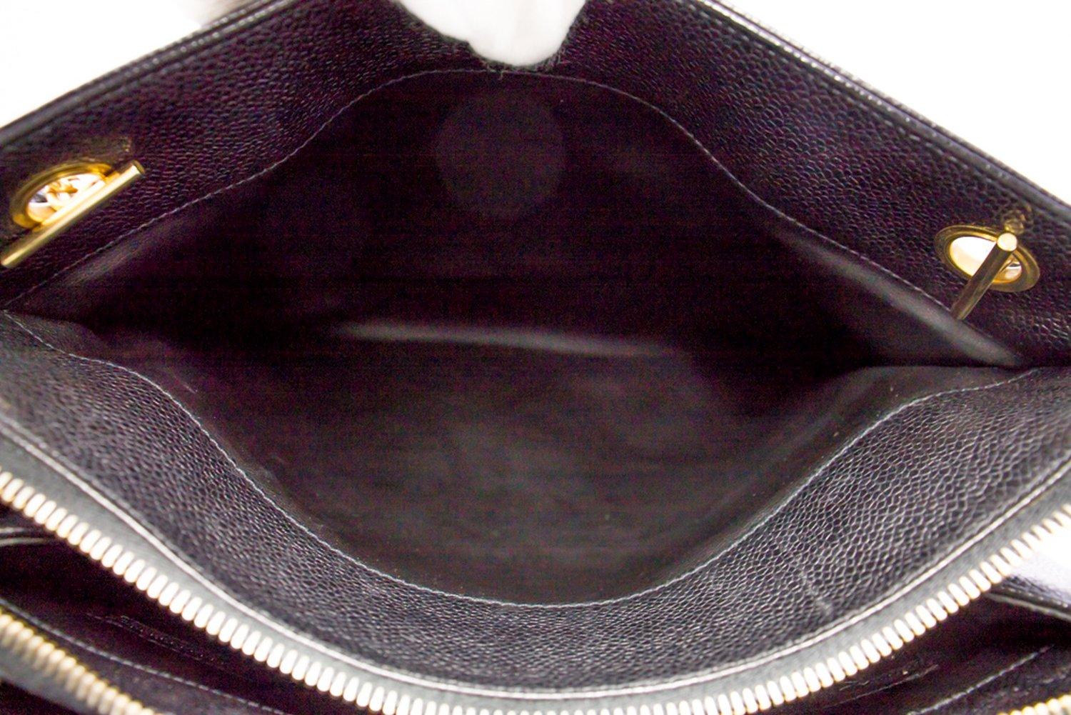 CHANEL Caviar Large Chain Shoulder Bag Leather Black Zip Goldper 13