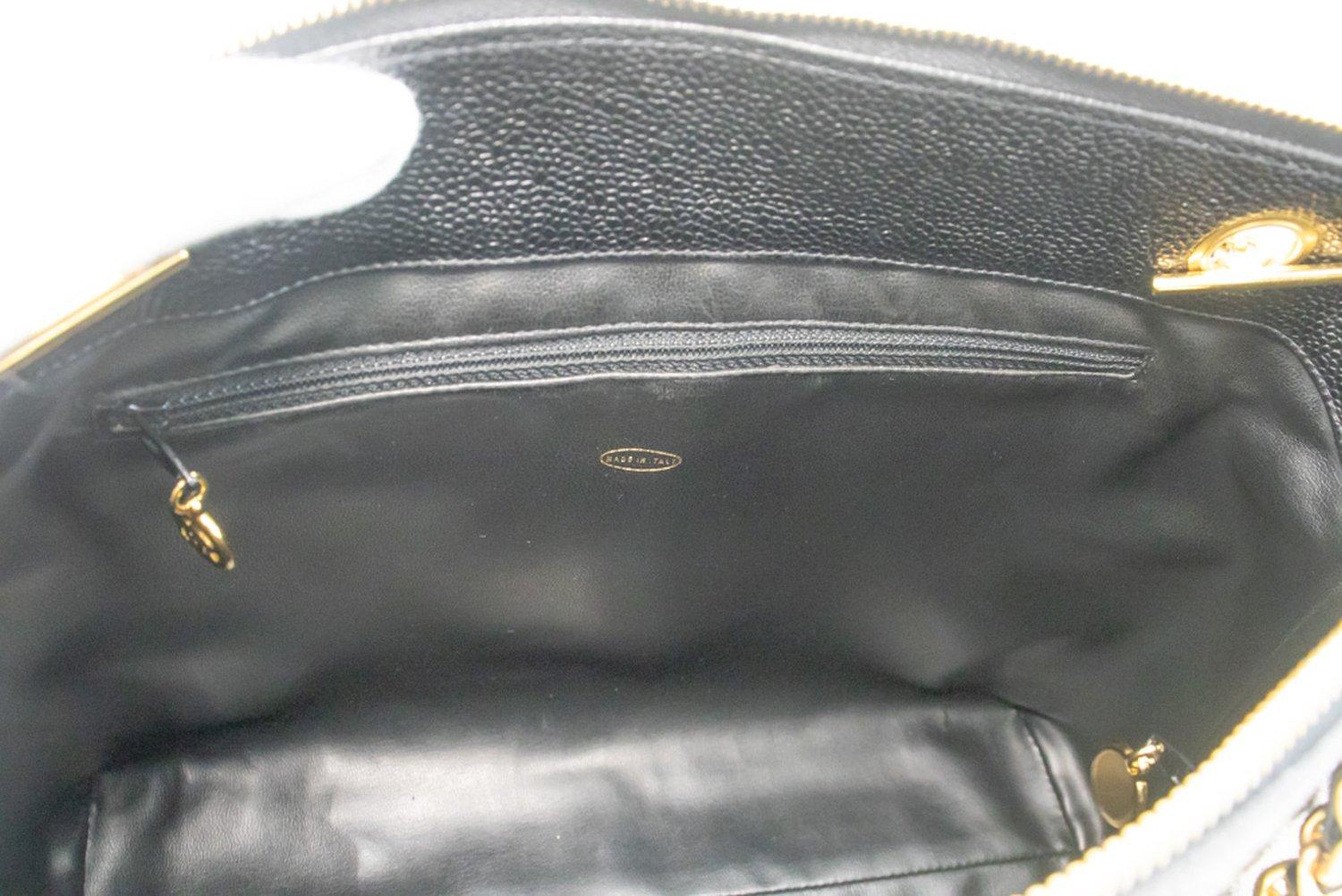 CHANEL Caviar Large Chain Shoulder Bag Leather Black Zip Goldper 15