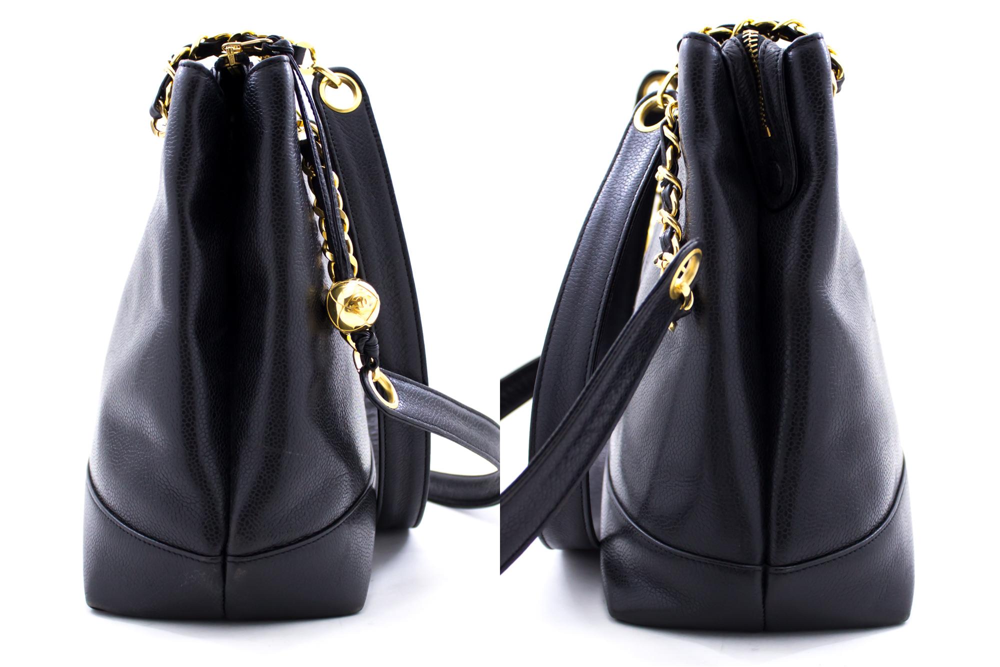 Women's CHANEL Caviar Large Chain Shoulder Bag Leather Black Zip Goldper