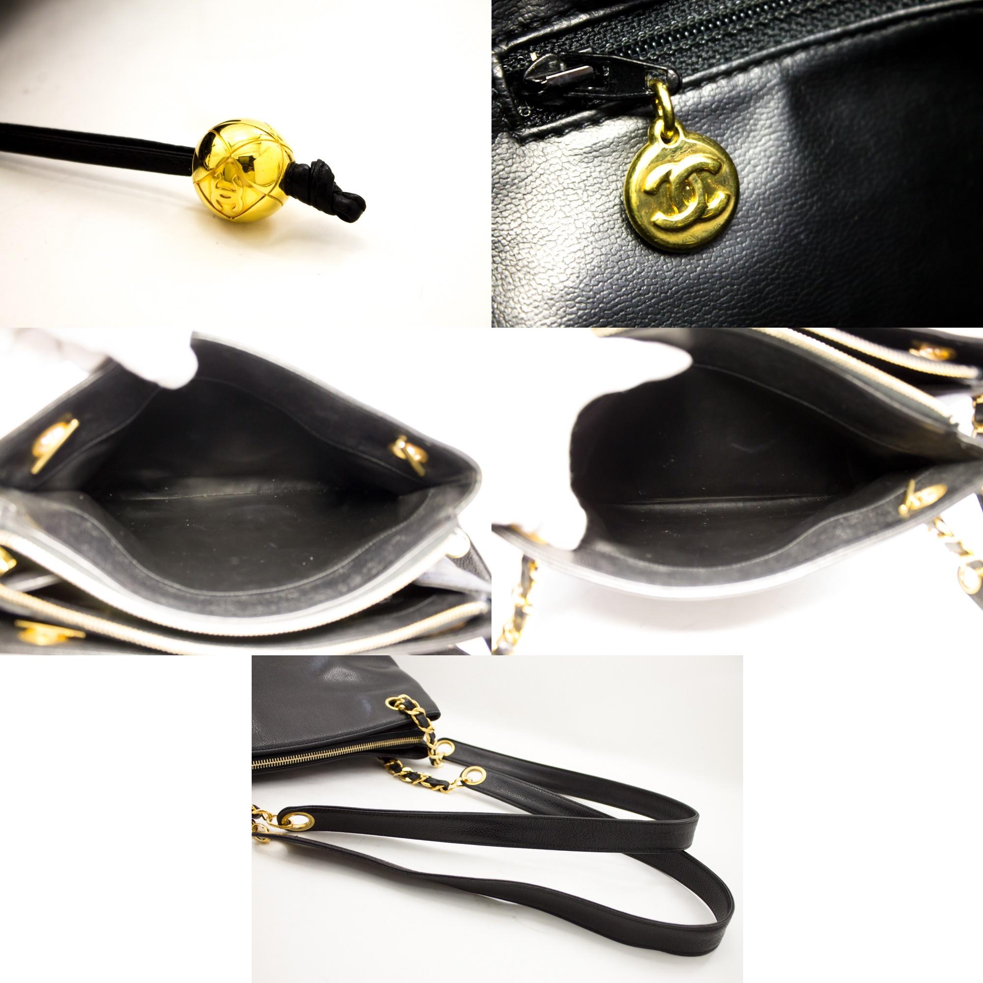 CHANEL Caviar Large Chain Shoulder Bag Leather Black Zip Goldper 2